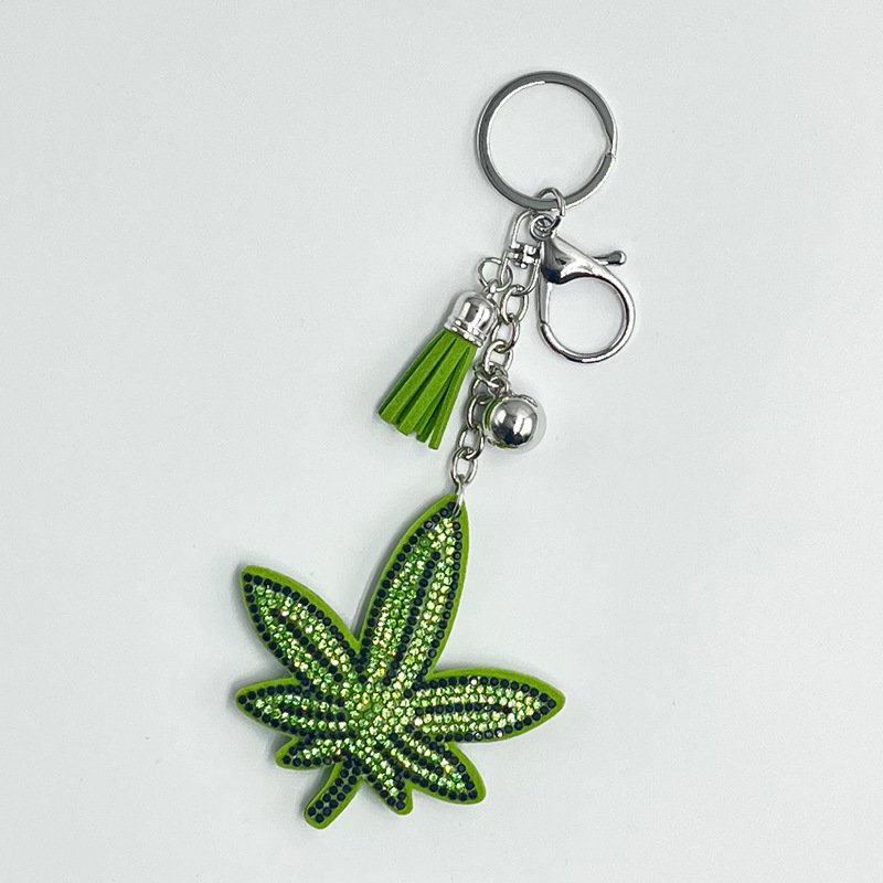 Sparkling Green Leaf Rhinestone Keychain — Trendy Tassel Bag Charm