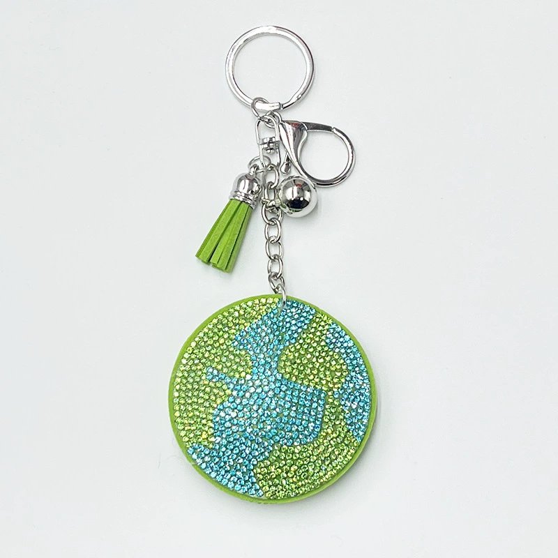Green Earth Rhinestone Keychain — Eco-Inspired Tassel Bag Charm for Women