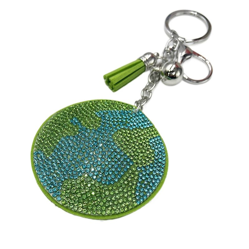 Green Earth Rhinestone Keychain — Eco-Inspired Tassel Bag Charm for Women