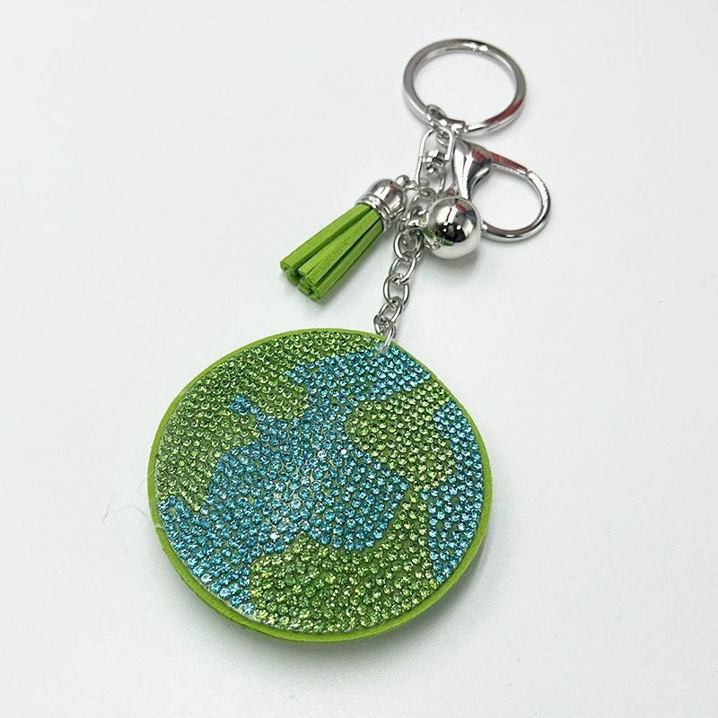 Green Earth Rhinestone Keychain — Eco-Inspired Tassel Bag Charm for Women