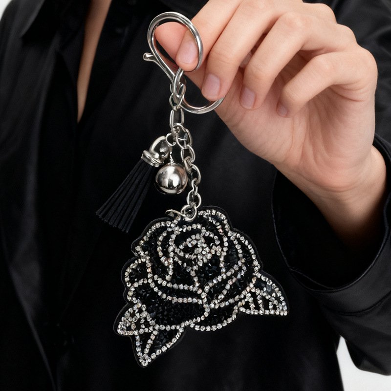 Black Crystal Rose Keychain — Elegant Floral Tassel Bag & Car Charm