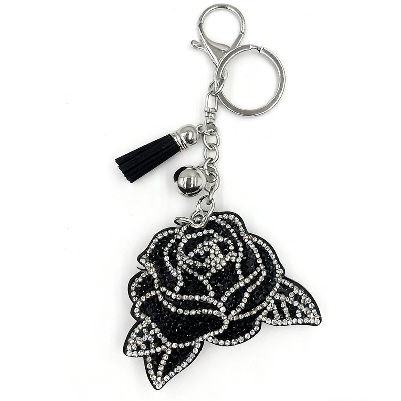 Black Crystal Rose Keychain — Elegant Floral Tassel Bag & Car Charm