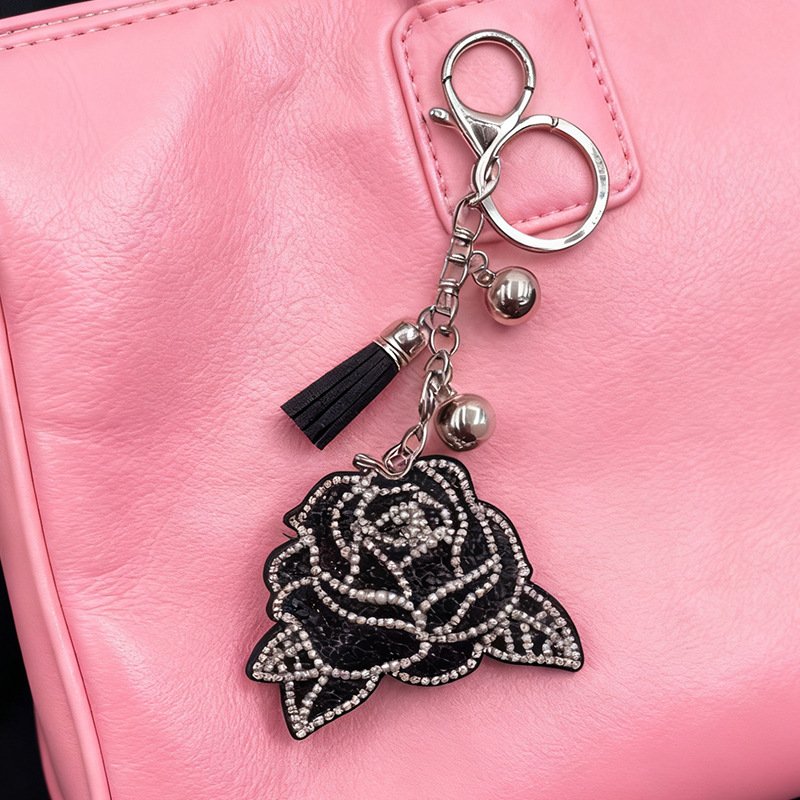 Black Crystal Rose Keychain — Elegant Floral Tassel Bag & Car Charm
