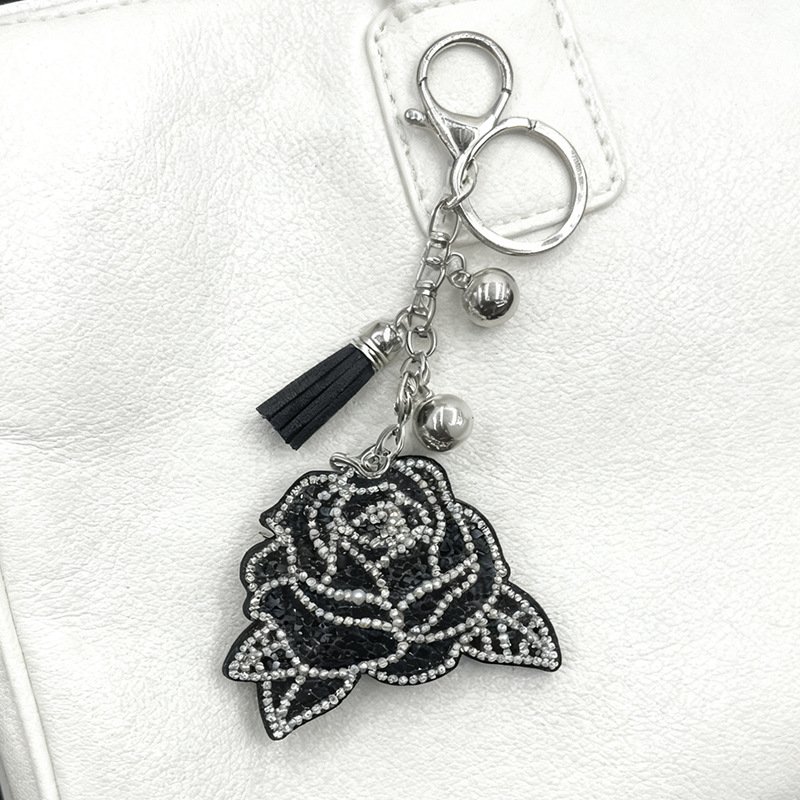 Black Crystal Rose Keychain — Elegant Floral Tassel Bag & Car Charm