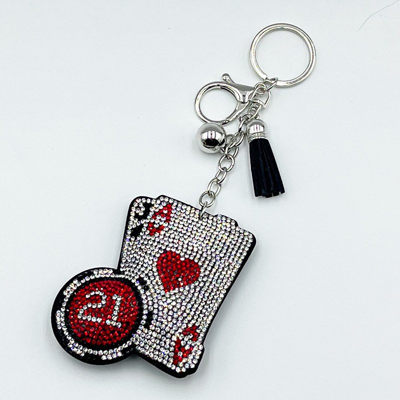 Rhinestone Ace of Hearts Poker Keychain – Sparkling Card Tassel Bag & Car Charm