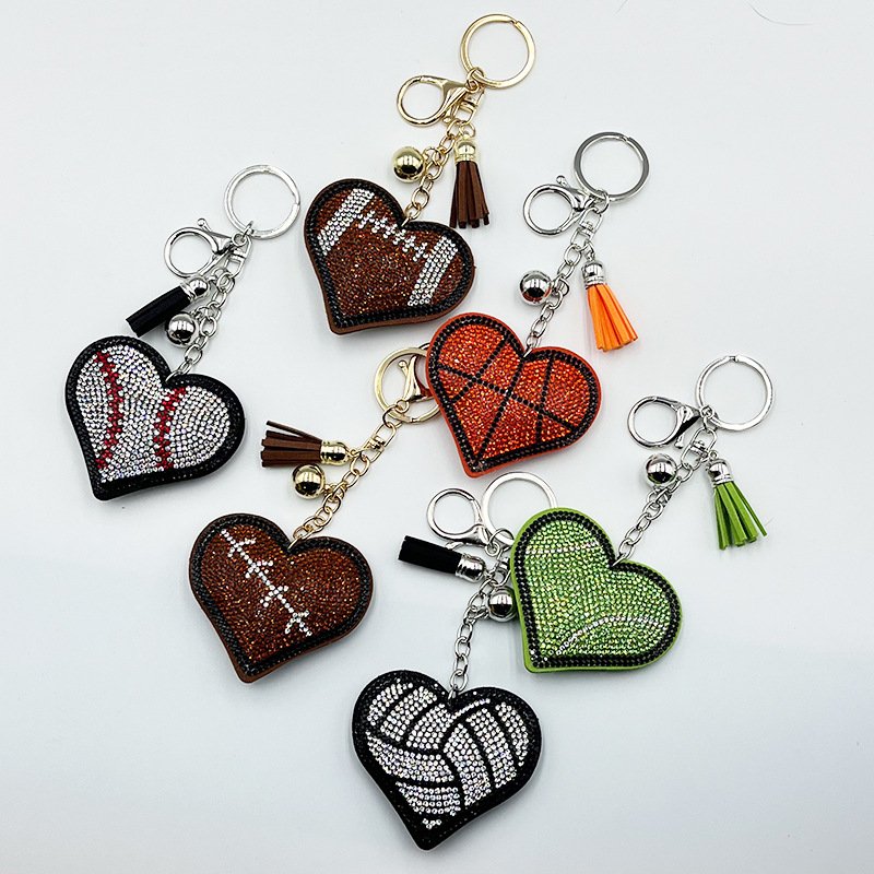 Rhinestone Sports Heart Keychain Set – Crystal Ball-Inspired Heart Tassel Bag & Car Charm