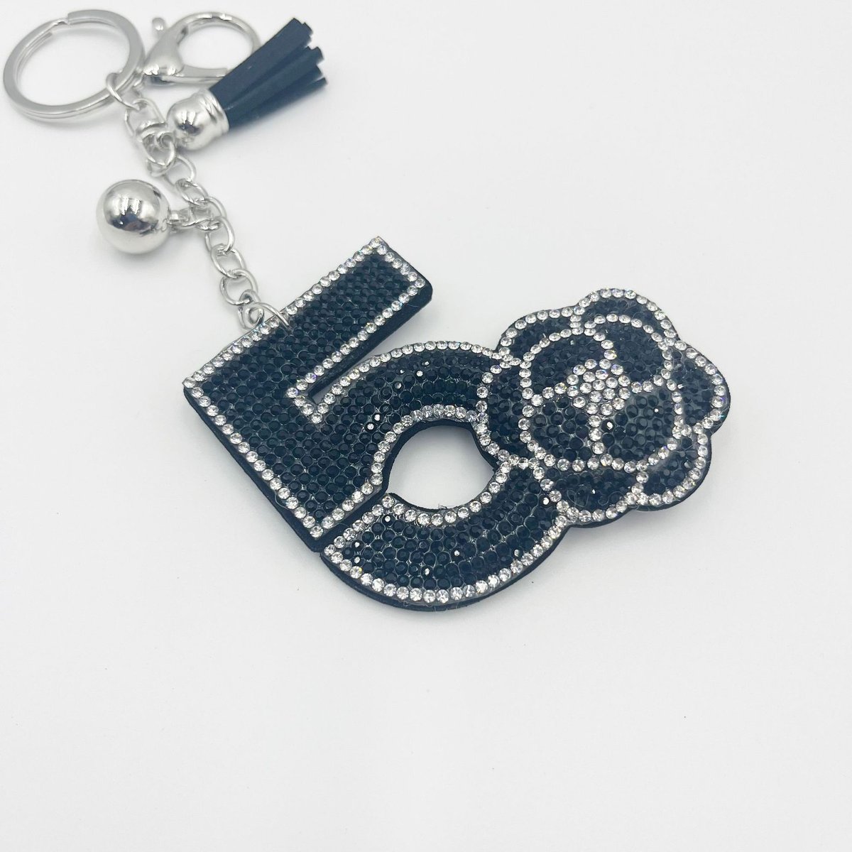 Luxury Crystal No.5 Camellia Keychain – Rhinestone Tassel Designer-Style Bag Charm