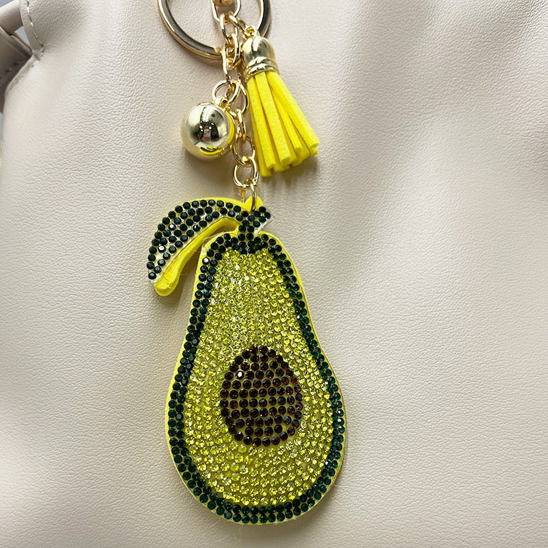 Sparkling Avocado Rhinestone Keychain with Tassel – Cute Fruit Bag Charm for Women