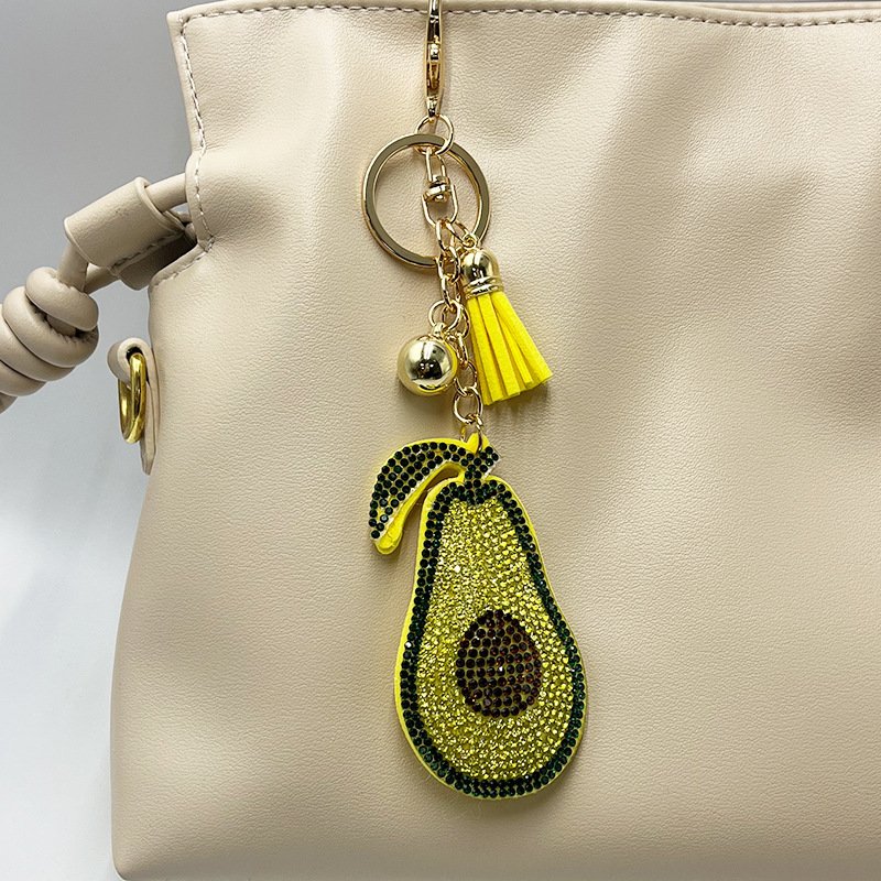 Sparkling Avocado Rhinestone Keychain with Tassel – Cute Fruit Bag Charm for Women