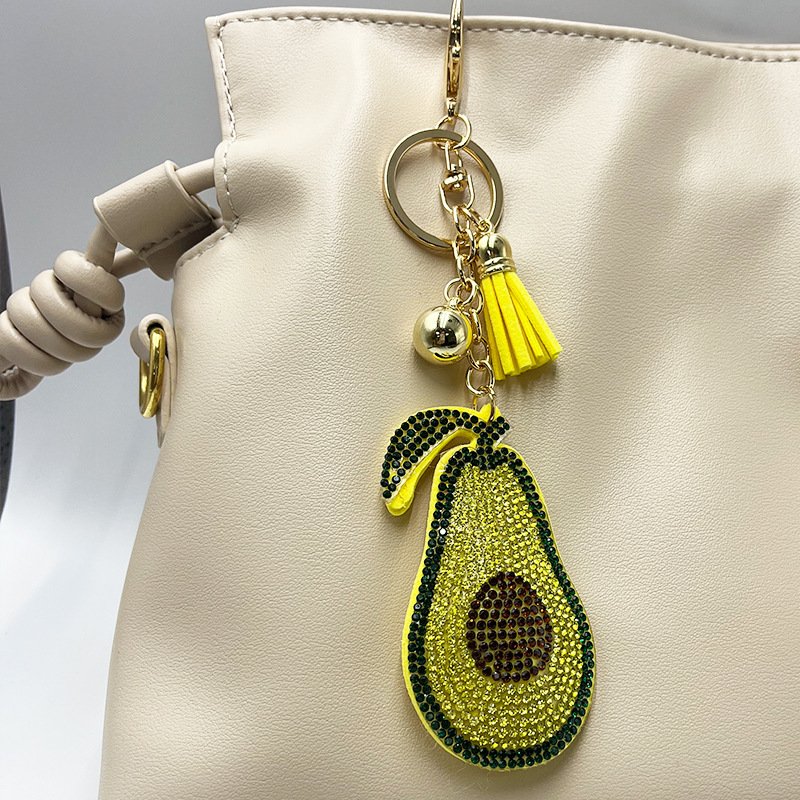 Sparkling Avocado Rhinestone Keychain with Tassel – Cute Fruit Bag Charm for Women