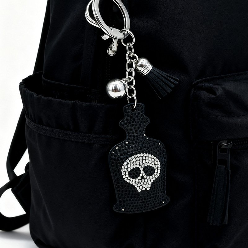 Gothic Skull Bottle Rhinestone Keychain with Tassel – Dark Style Bag Charm