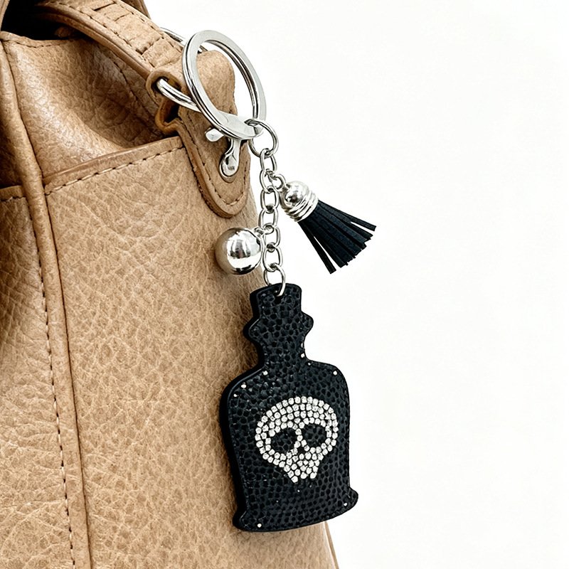 Gothic Skull Bottle Rhinestone Keychain with Tassel – Dark Style Bag Charm