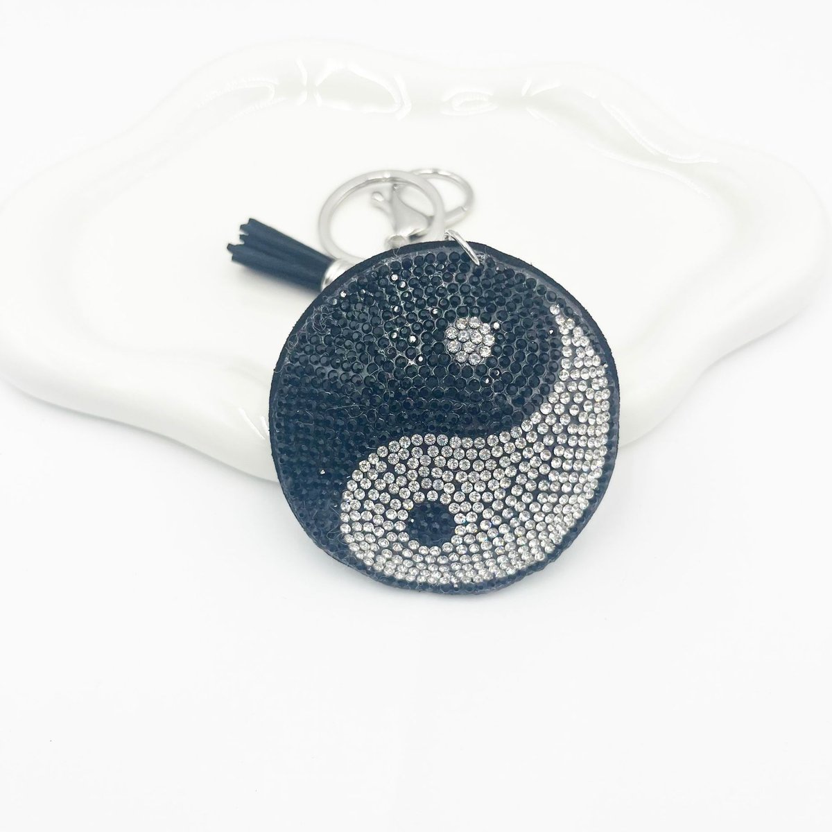 Tai Ji photo Rhinestone Suede Keychain with Tassel – Feng Shui Bag & Car Charm