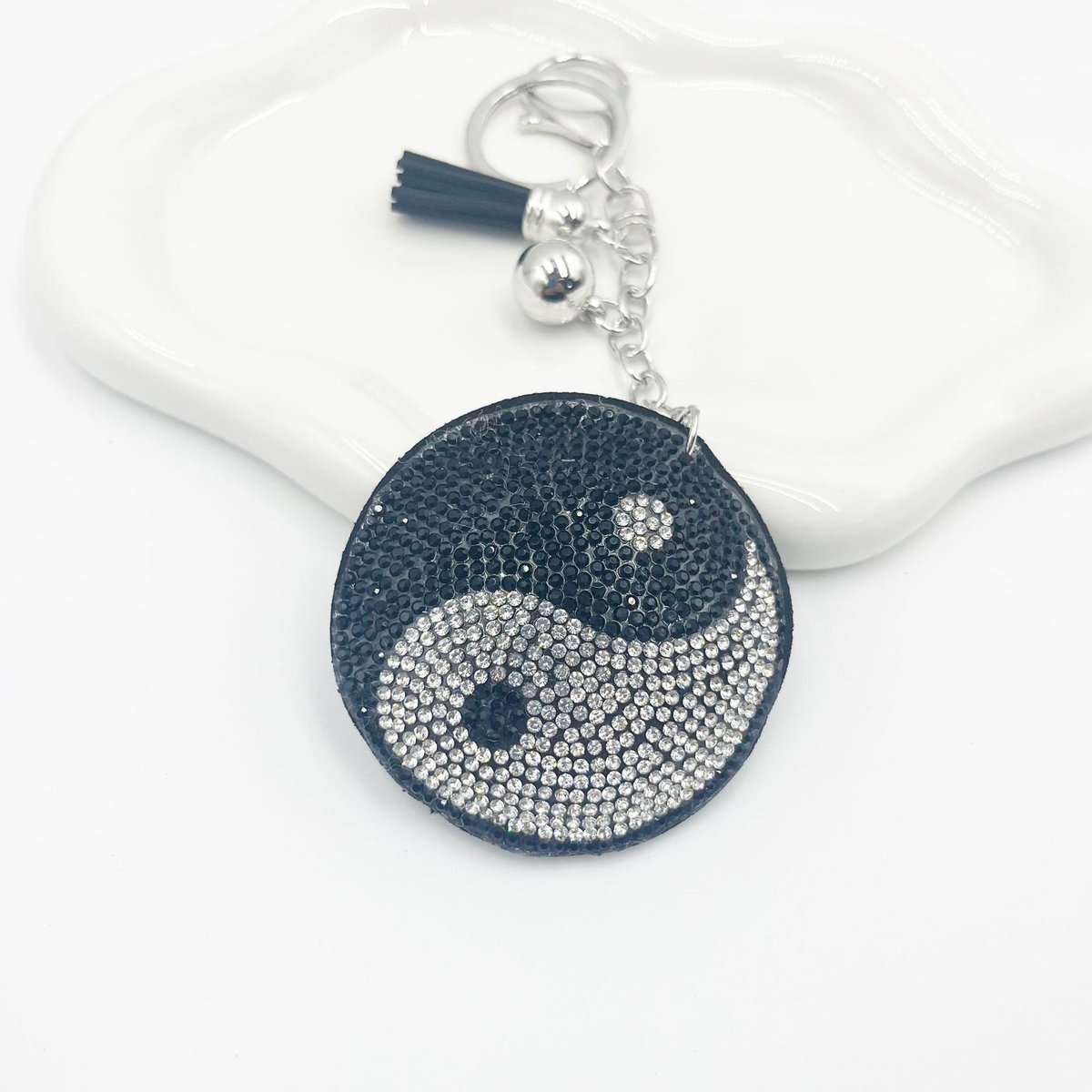 Tai Ji photo Rhinestone Suede Keychain with Tassel – Feng Shui Bag & Car Charm