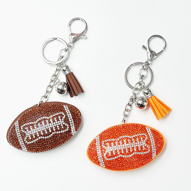 Rhinestone Football Keychain with Tassel – Sporty Crystal Bag & Car Charm