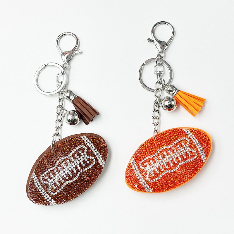 Rhinestone Football Keychain with Tassel – Sporty Crystal Bag & Car Charm
