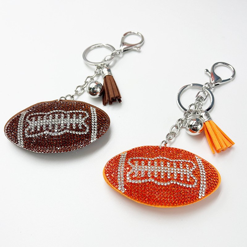 Rhinestone Football Keychain with Tassel – Sporty Crystal Bag & Car Charm