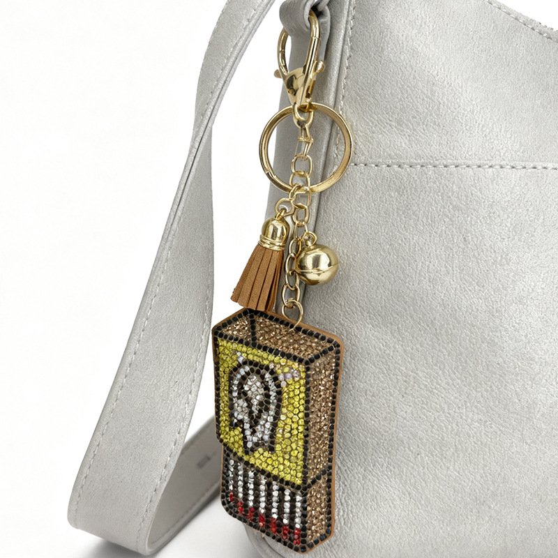Crystal Matchbox Keychain Charm with Tassel – Sparkling Retro Bag & Key Accessory