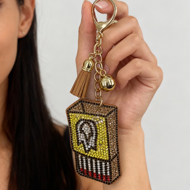 Crystal Matchbox Keychain Charm with Tassel – Sparkling Retro Bag & Key Accessory