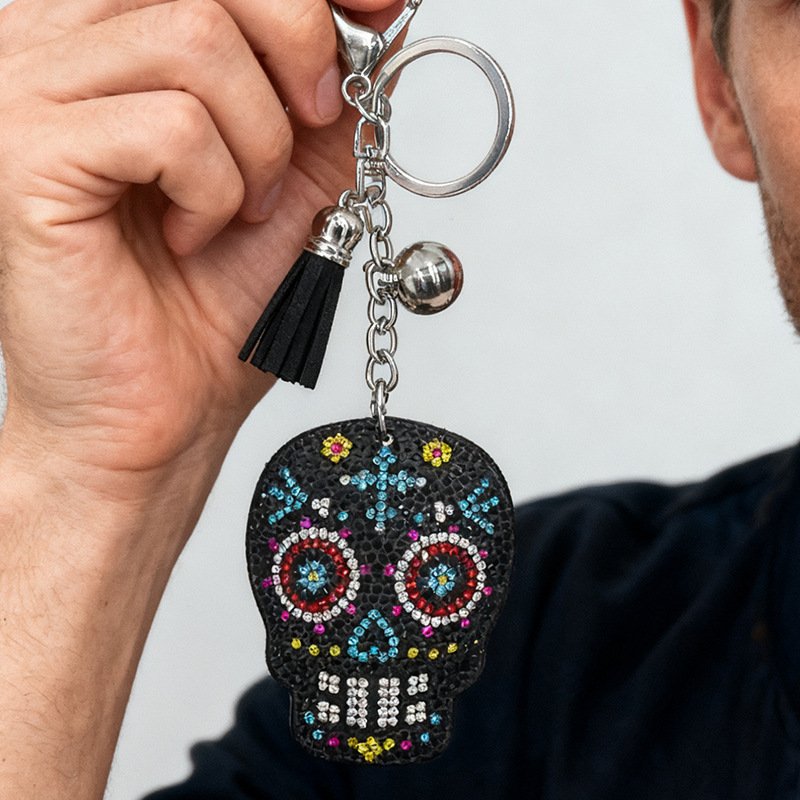 Colorful Rhinestone Skull Keychain with Tassel – Halloween Sparkle Bag Charm