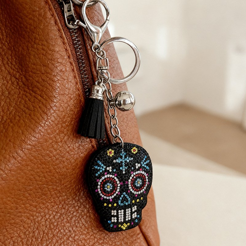 Colorful Rhinestone Skull Keychain with Tassel – Halloween Sparkle Bag Charm