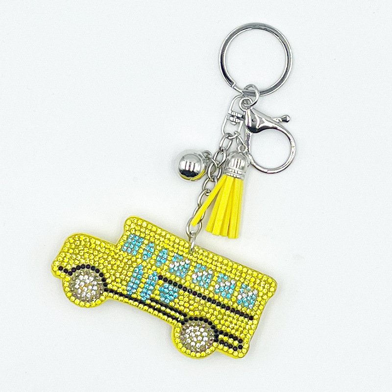 Yellow Rhinestone School Bus Keychain with Tassel – Cute Sparkly Bag & Backpack Charm