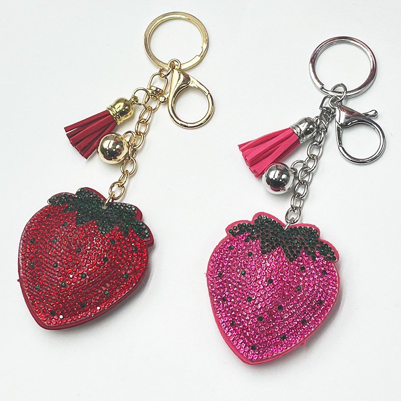 Sparkly Strawberry Rhinestone Keychain with Tassel – Cute Bag & Purse Charm for Girls
