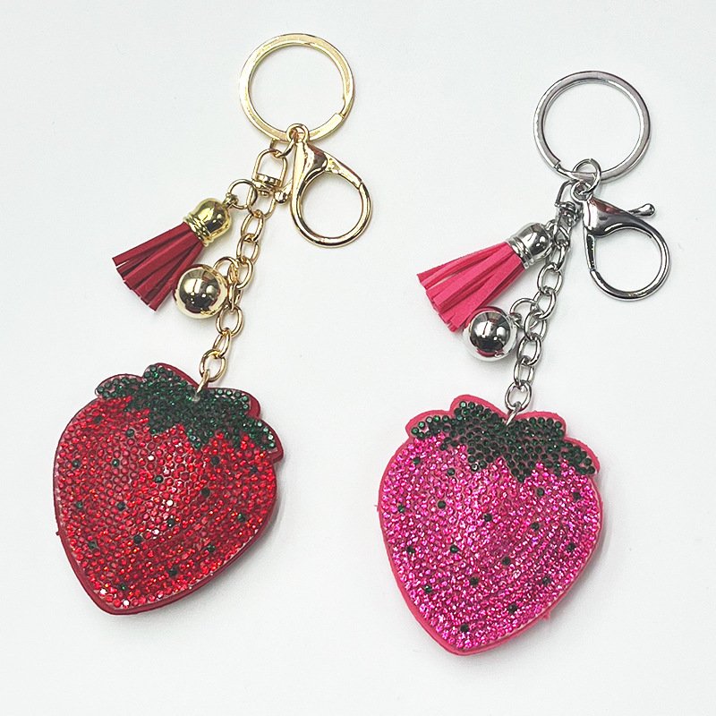 Sparkly Strawberry Rhinestone Keychain with Tassel – Cute Bag & Purse Charm for Girls