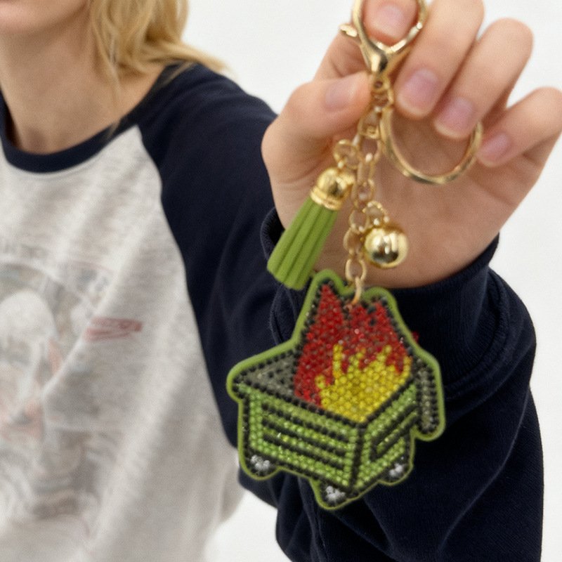 Flaming Plant Rhinestone Keychain with Tassel – Trendy INS Style Bag Charm