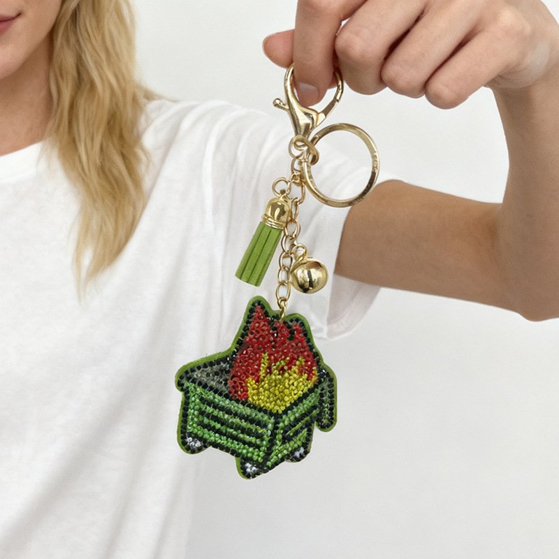 Flaming Plant Rhinestone Keychain with Tassel – Trendy INS Style Bag Charm