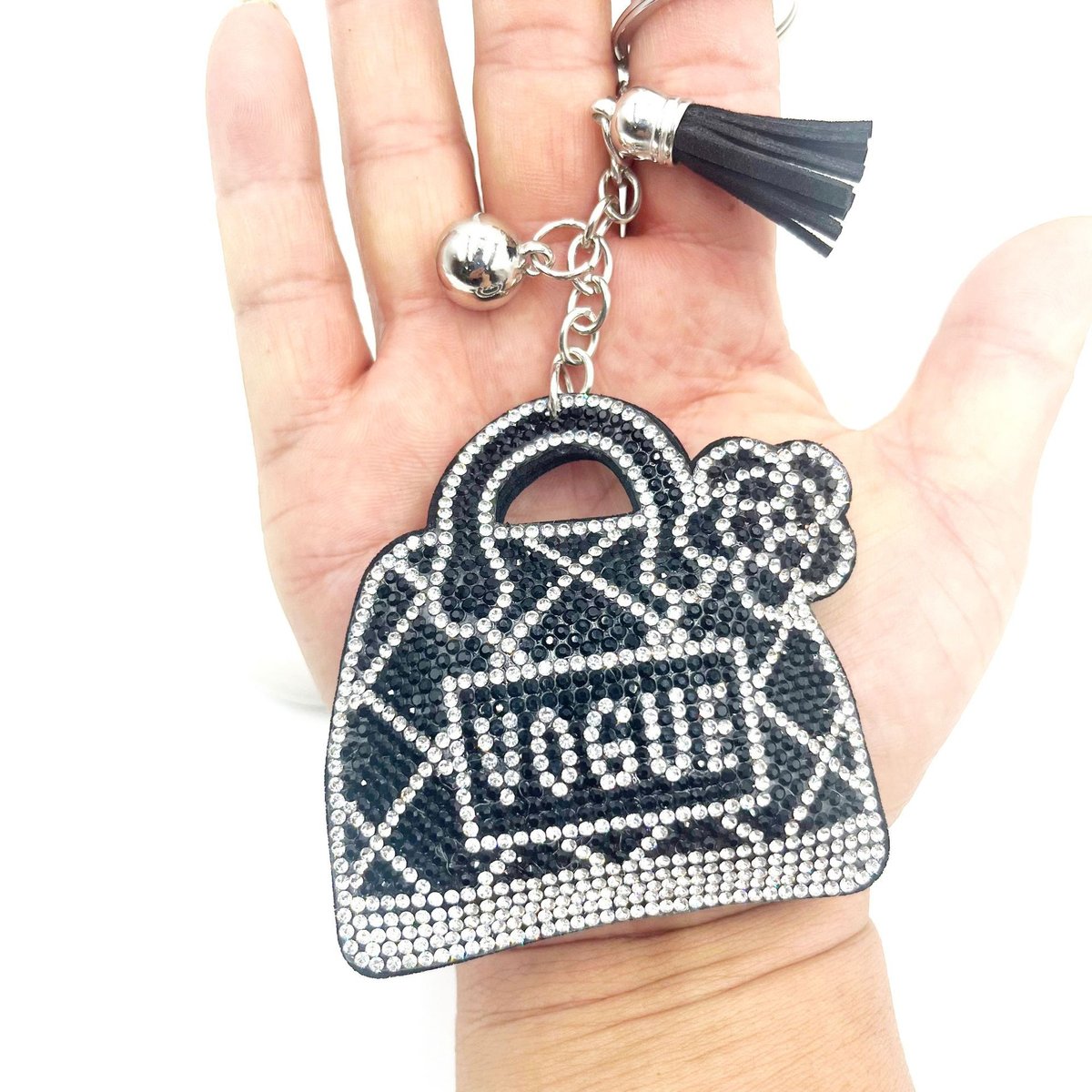 Luxury Rhinestone Letter Handbag Keychain with Tassel – Chic Sparkle Bag Charm
