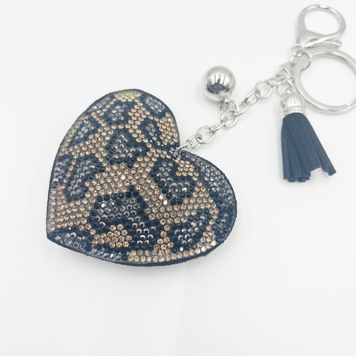 Leopard Heart Rhinestone Keychain with Tassel – Trendy Sparkle Bag & Phone Charm