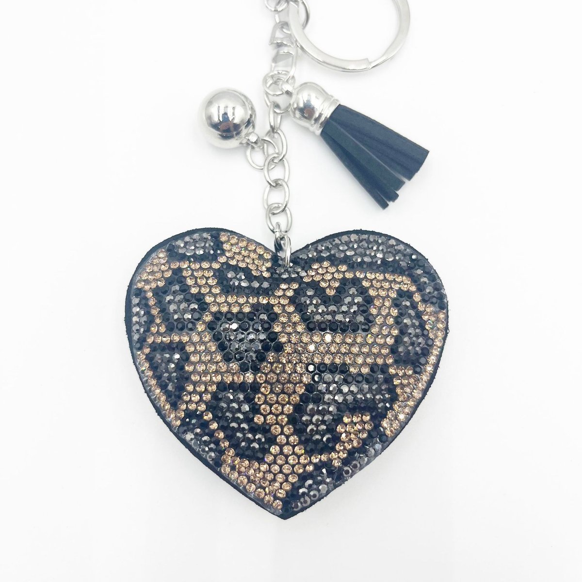 Leopard Heart Rhinestone Keychain with Tassel – Trendy Sparkle Bag & Phone Charm