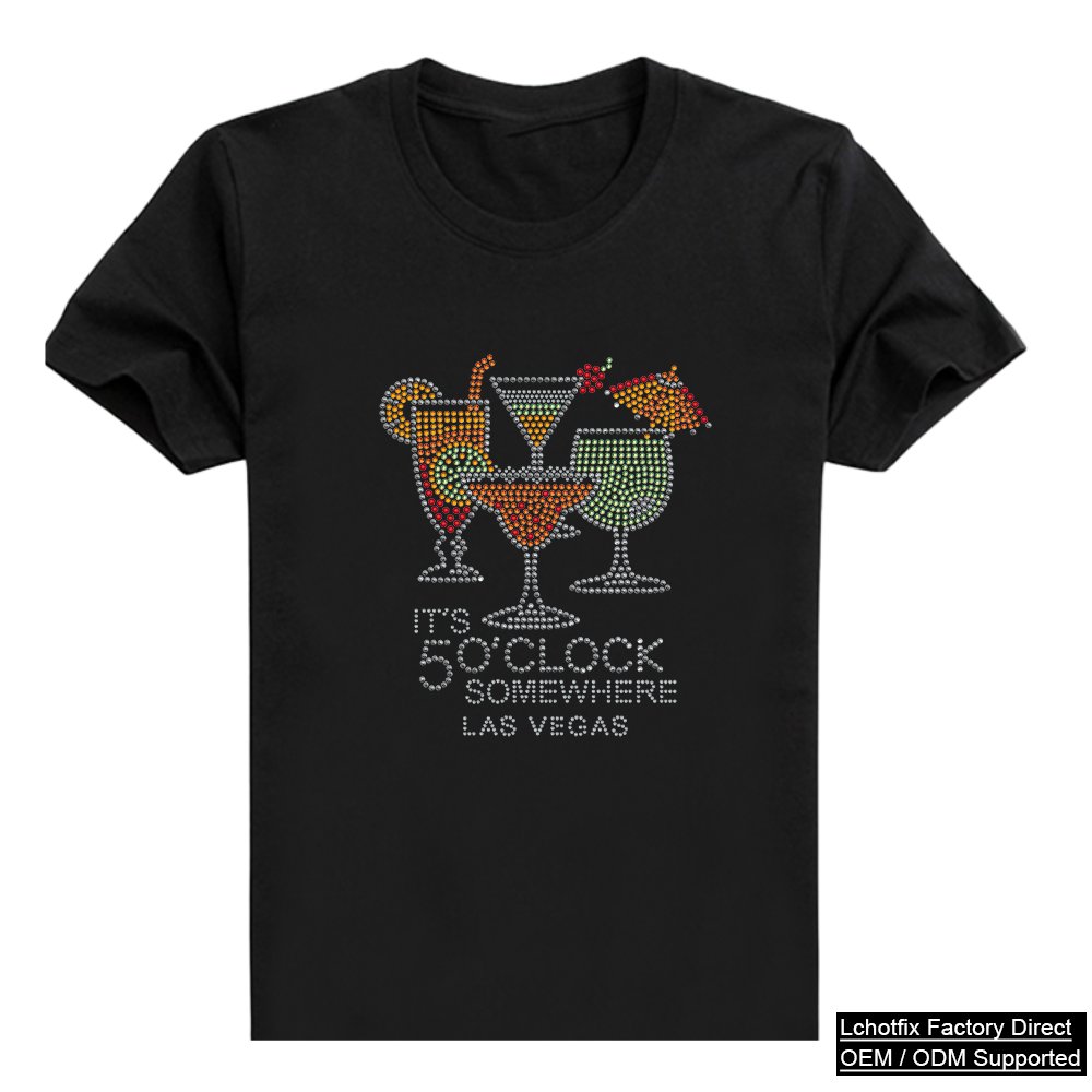 Colorful Cocktail Rhinestone Heat Transfer T-Shirt – Las Vegas Party Crystal Bling Tee OEM Factory Supply