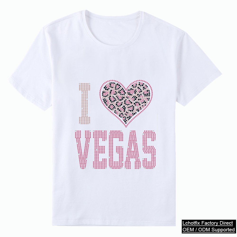 I Love Vegas Rhinestone Heat Transfer T-Shirt – Leopard Heart Crystal City Series Tee OEM Factory Supply
