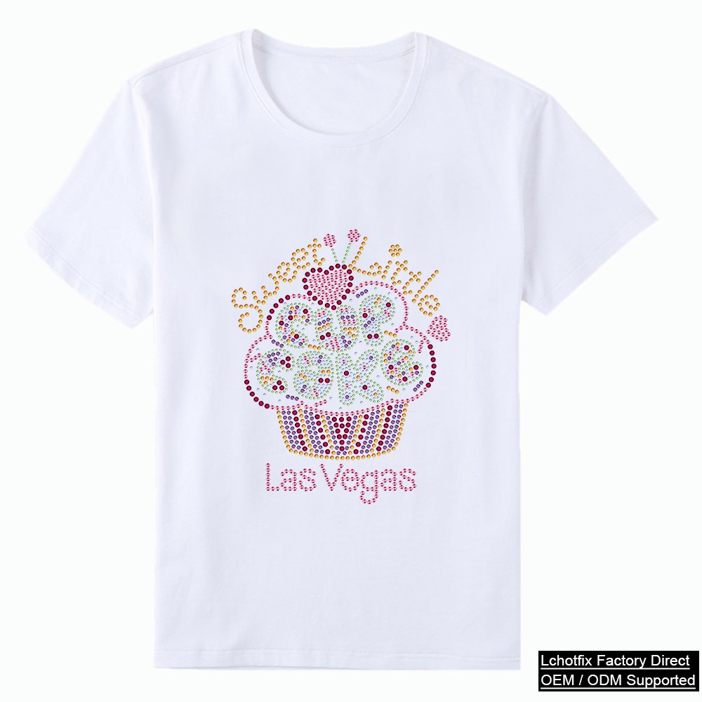 Sweet Cupcake LAS VEGAS Rhinestone T-Shirt – Colorful Crystal Dessert City Series OEM Wholesale
