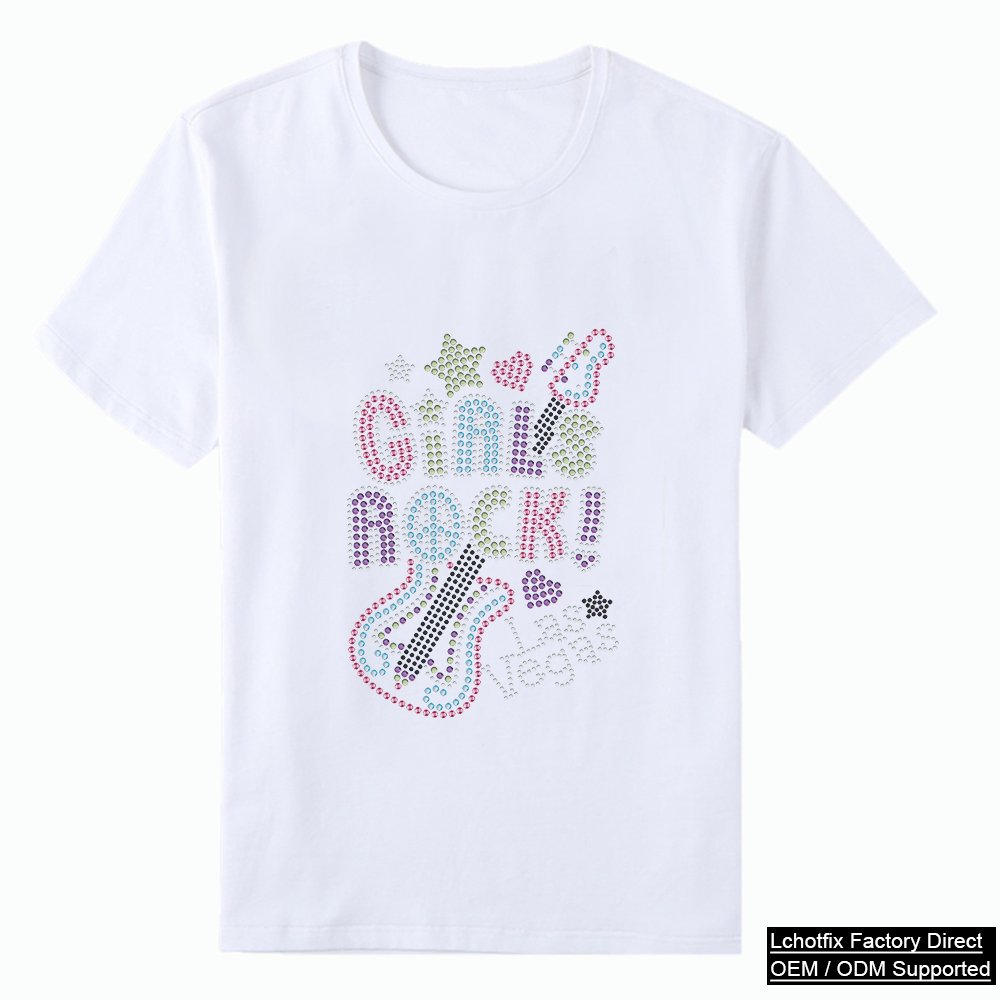 Colorful Girls Rock Rhinestone T-Shirt – Sparkling Guitar Music Graphic Cotton Tee