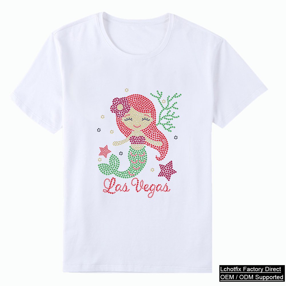 Cute Mermaid Las Vegas Rhinestone T-Shirt – Colorful Crystal Cartoon Cotton Tee for Girls - Custom Heat Transfer