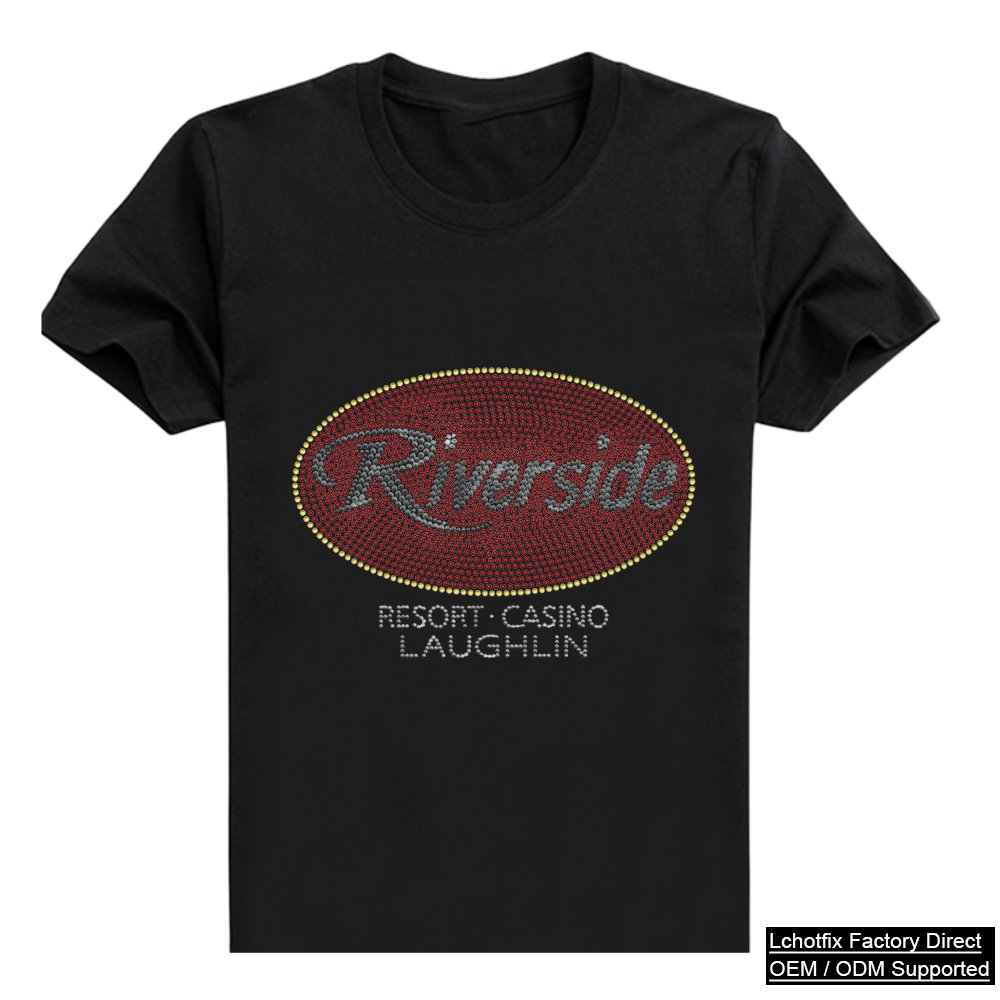 Riverside Las Vegas Rhinestone T-Shirt – Red Crystal Oval Logo Cotton Graphic Tee
