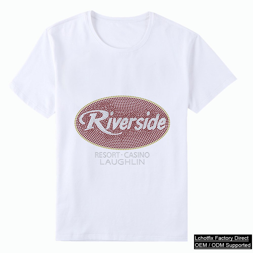 Riverside Las Vegas Rhinestone T-Shirt – Red Crystal Oval Logo Cotton Graphic Tee - Custom Heat Transfer