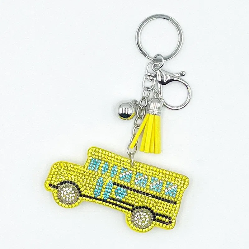Yellow Rhinestone School Bus Keychain with Tassel