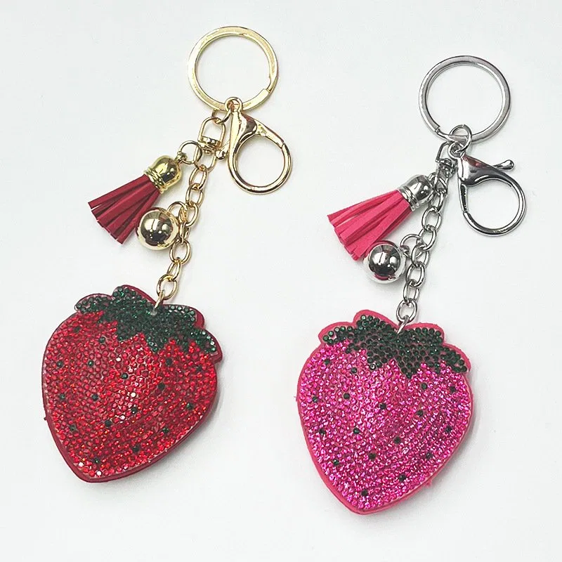 Sparkly Strawberry Rhinestone Keychain with Tassel