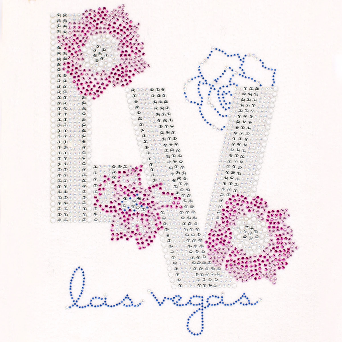 LV Las Vegas floral rhinestone heat transfer with pink flowers and blue script