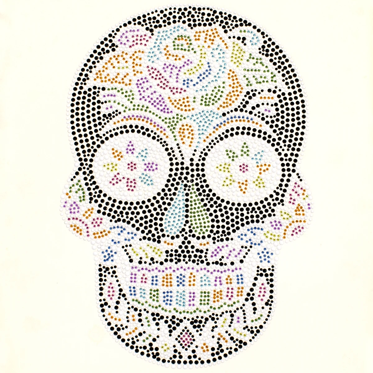 Colorful sugar skull rhinestone heat transfer with floral crystal details