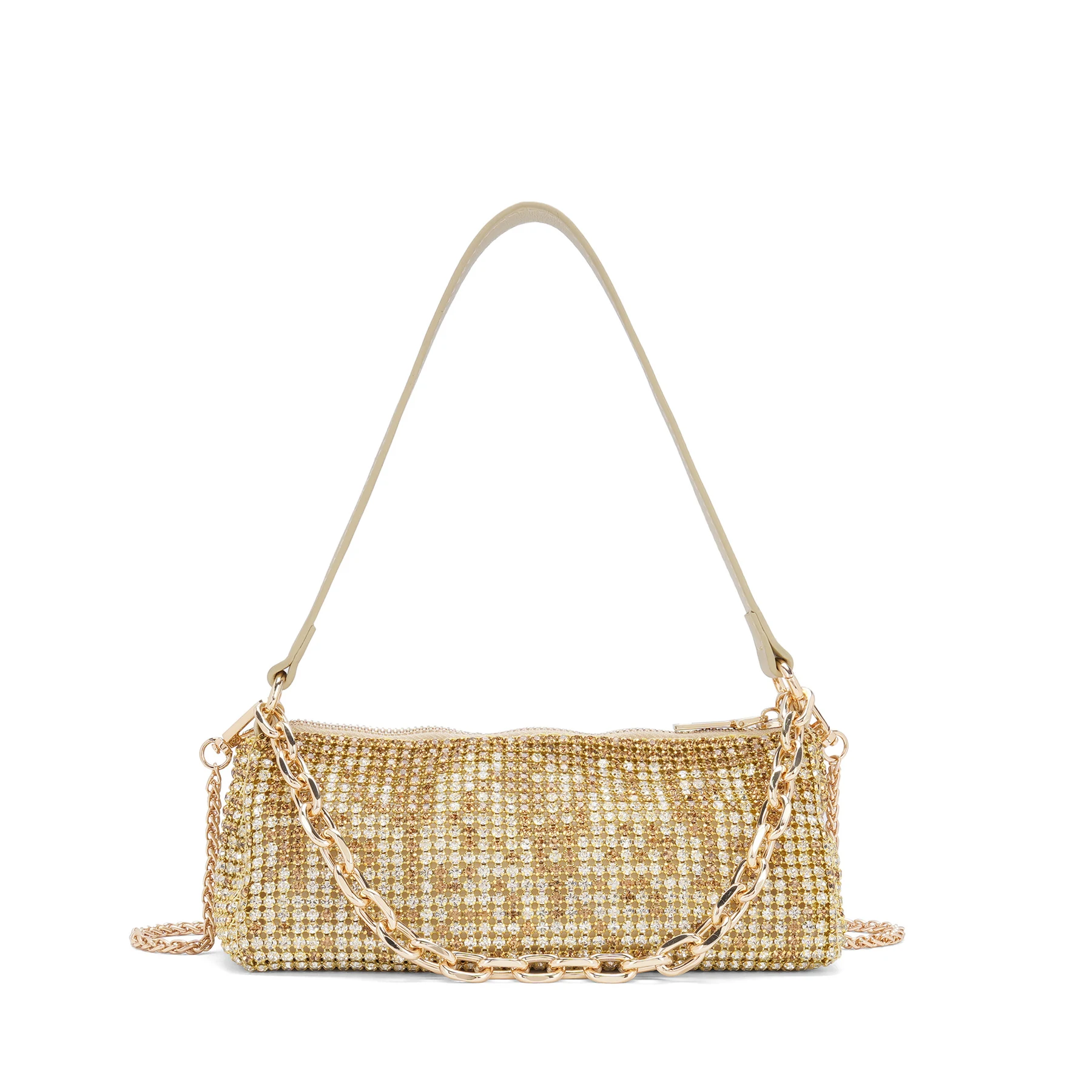 Gold rhinestone baguette shoulder bag with multiple chain straps