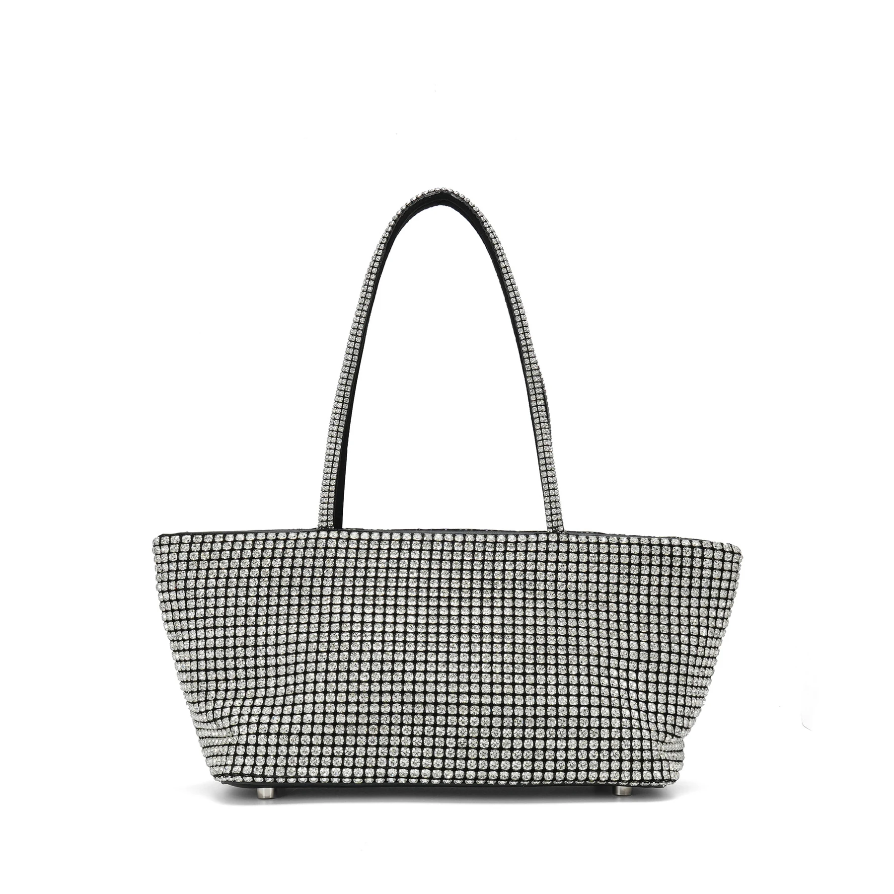 Black rhinestone tote bag with double long handles and glass stone surface