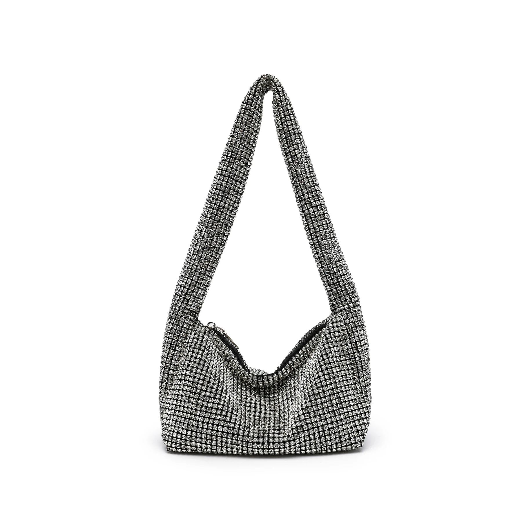 Silver sparkling rhinestone hobo shoulder bag with wide decorated strap