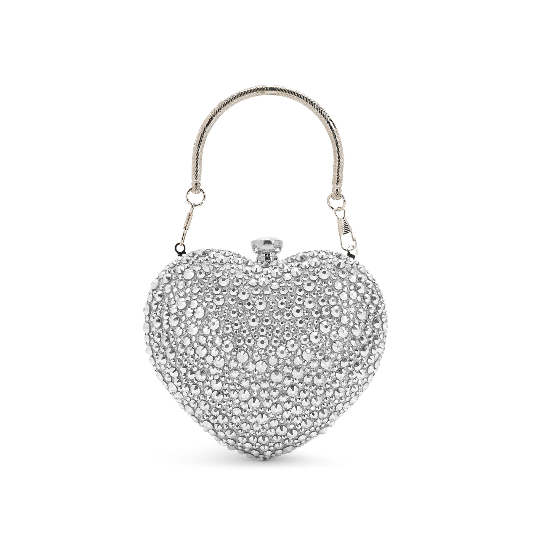 Silver heart-shaped rhinestone evening clutch with top handle and jewel clasp