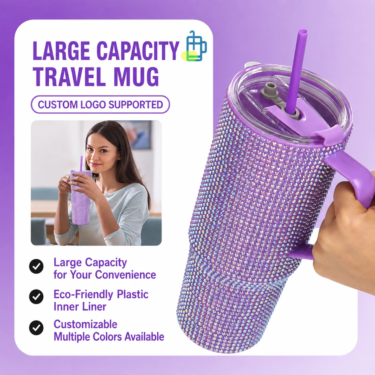Purple AB rhinestone travel mug with handle, clear lid and straw