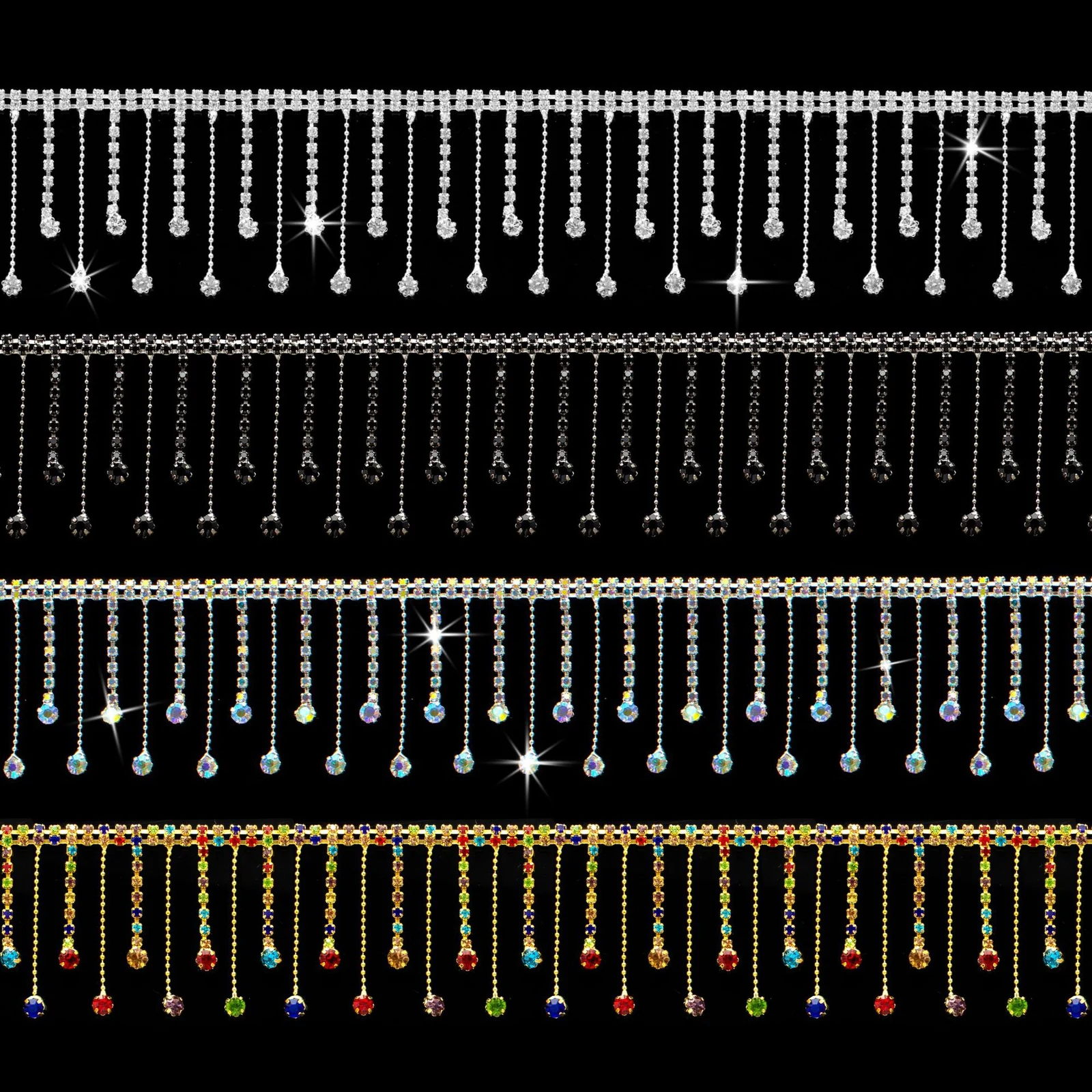 Teardrop rhinestone tassel chain trim in silver gold black and multicolor finishes